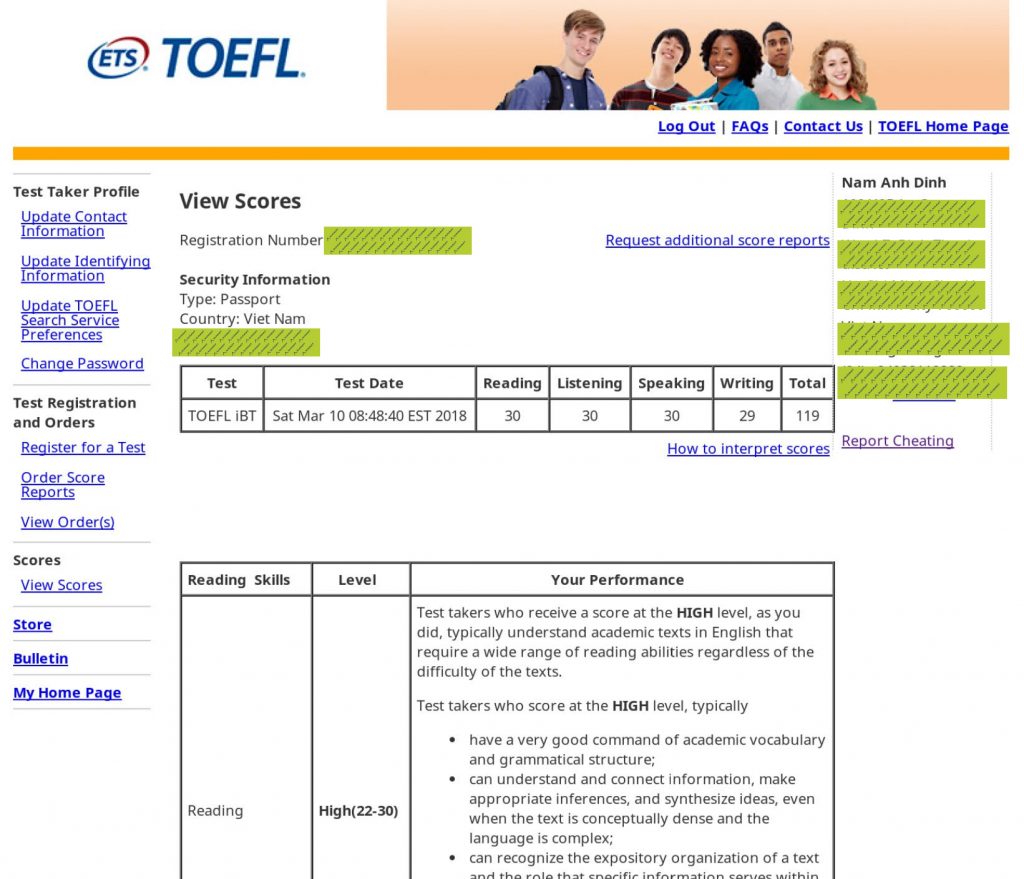 Đinh Nam Anh 119 TOEFL