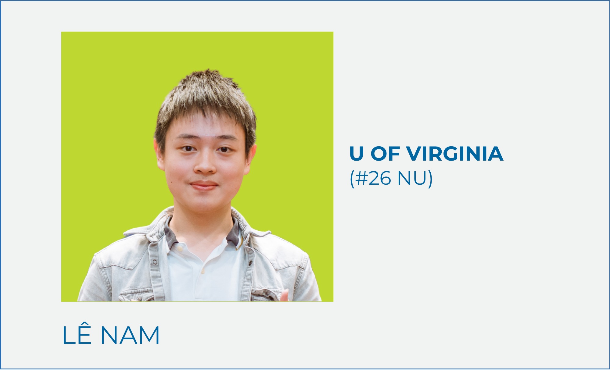 Trịnh Lê Nam – U of Virginia (#26 NU)